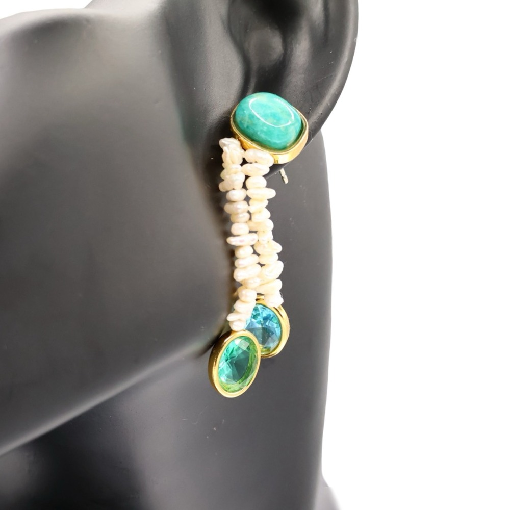 Lizzie Fortunato Aveiro Drop Earrings Green Pearl Gold Plated EUC RTR Boho